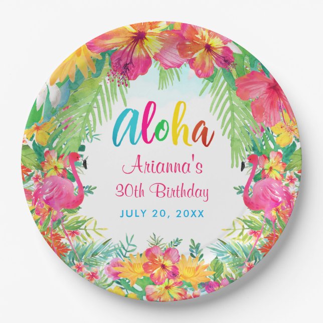 Assiettes En Carton Aloha Flamant rose tropical Anniversaire Luau  (Devant)