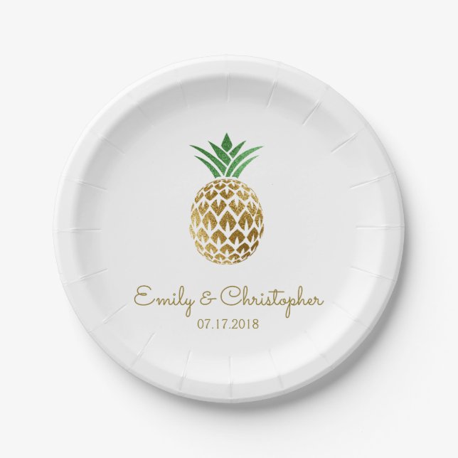 Assiettes En Carton Aloha Tropical Hawaiian Mariage Ananas Blanc (Devant)