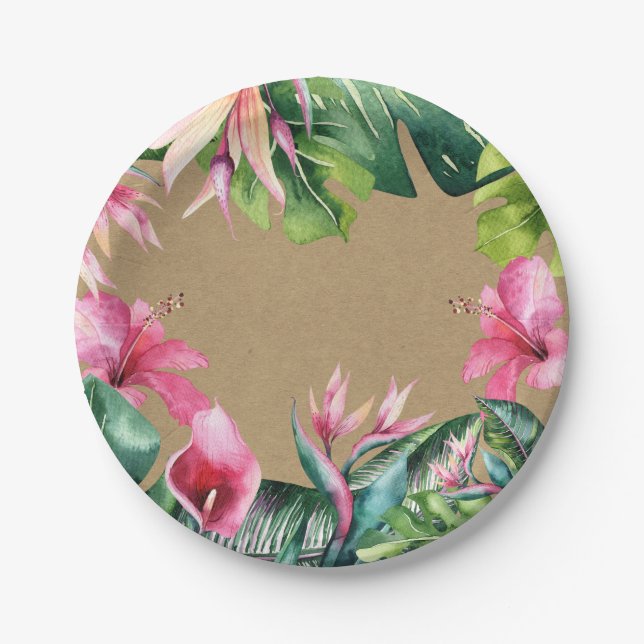 Assiettes En Carton Aloha tropical Luau Feuilles d'été Kraft (Devant)