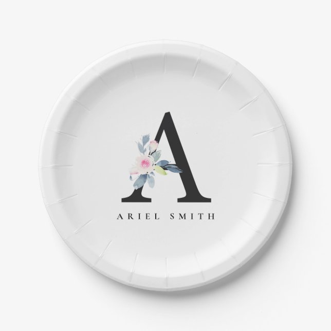 ASSIETTES EN CARTON ALPHABÈTES FLORAUX BLEUS DOUX NOM LETTRE A (Devant)