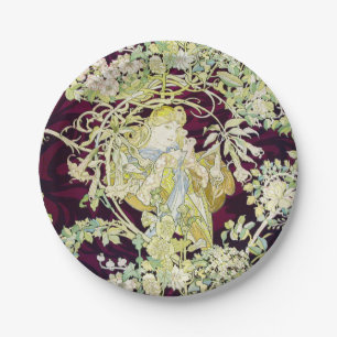 Assiettes En Carton Alphonse Mucha Femme au marguerite Art nouveau Art