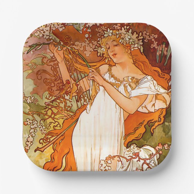 Assiettes En Carton Alphonse Mucha Printemps Art Nouveau (Recto)