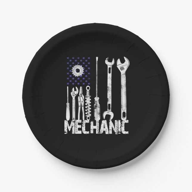 Assiettes En Carton Amateurs mécaniques| Mechanic USA Flag (Devant)