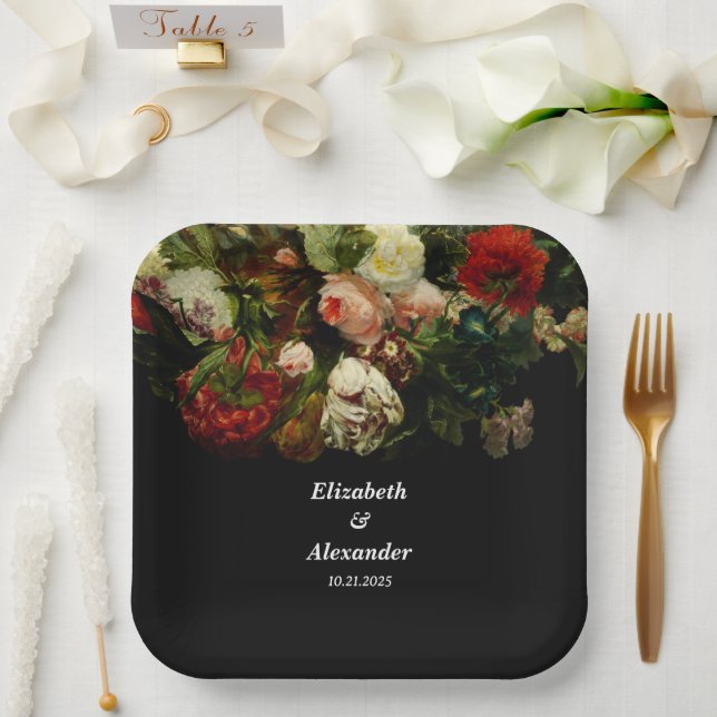 Assiettes En Carton Ambiance romantique foncé élégant fleurs florales  (Mariage)
