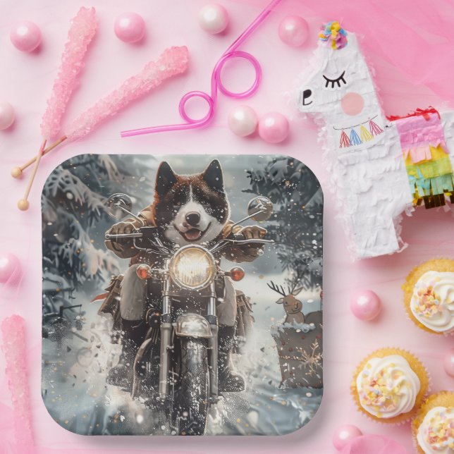 Assiettes En Carton American Akita Dog équitation moto Noël (Fête)
