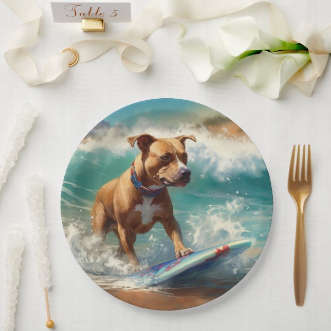 Assiettes En Carton American Staffordshire Beach Surf Peinture (Mariage)