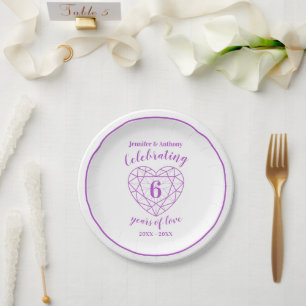 Assiettes En Carton Amethyst anniversaire 6 ans blanc personnalisé