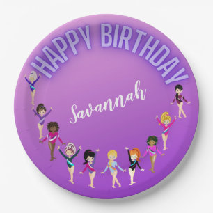 Assiettes En Carton Amis de gymnastique "Joyeux Anniversaire" Purple O