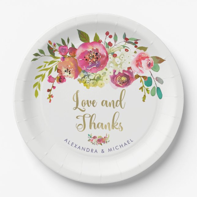 Assiettes En Carton Amour et mercis floraux de mariage d'aquarelle de (Devant)