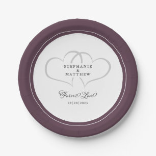 Assiettes En Carton Amour Éternel Élégant Mariage Cœurs Cassis Pourpre