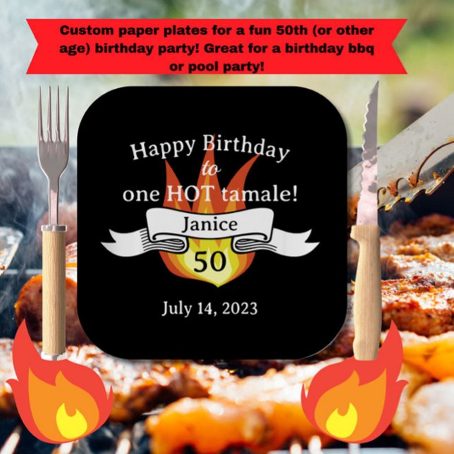 Assiettes En Carton Amusant 50e anniversaire "Hot Tamale" Funny Person ("Hot Tamale" fun 50th birthday party custom paper plates! Great for barbeques and pool parties.)