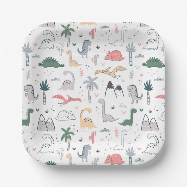 Assiettes En Carton Amusant Pastel Dinosaur Motif de scène (Recto)