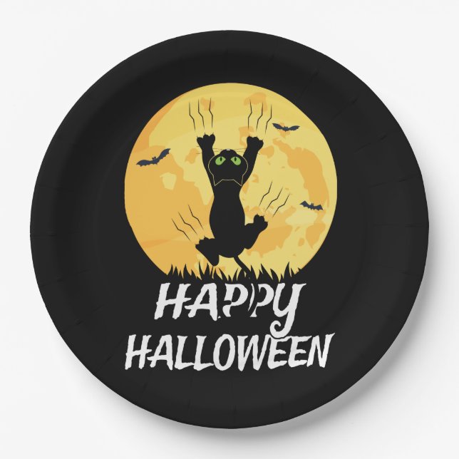 Assiettes En Carton Amusante Lune de chat Noir Joyeux Halloween (Devant)