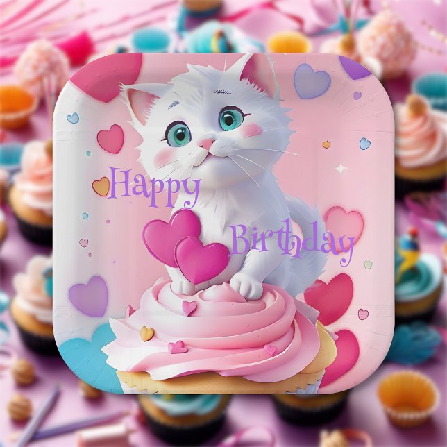 Assiettes En Carton Amusants Cute White Kitten Cupcake Fille Anniversa (Créateur téléchargé)