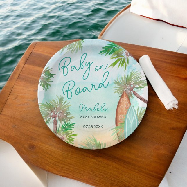 Assiettes En Carton Amusants Tropical palmiers plage bébé à bord douch (Fun Tropical palm trees beach baby on board shower Paper Plates)