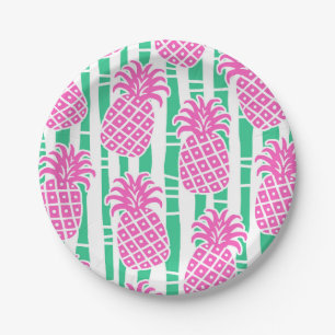Assiettes En Carton Ananas Bambou rayures rose et Motif vert