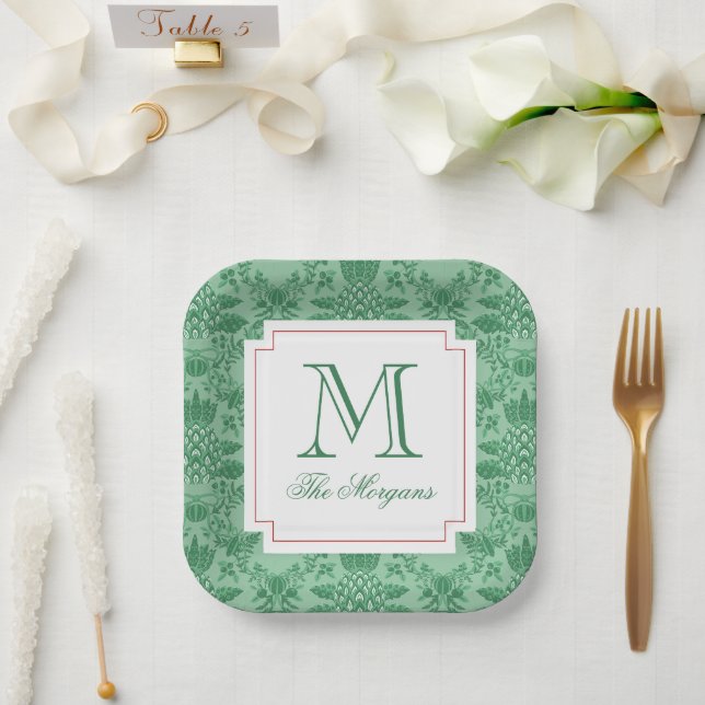 Assiettes En Carton Ananas de Noël festif Monogramme (Mariage)