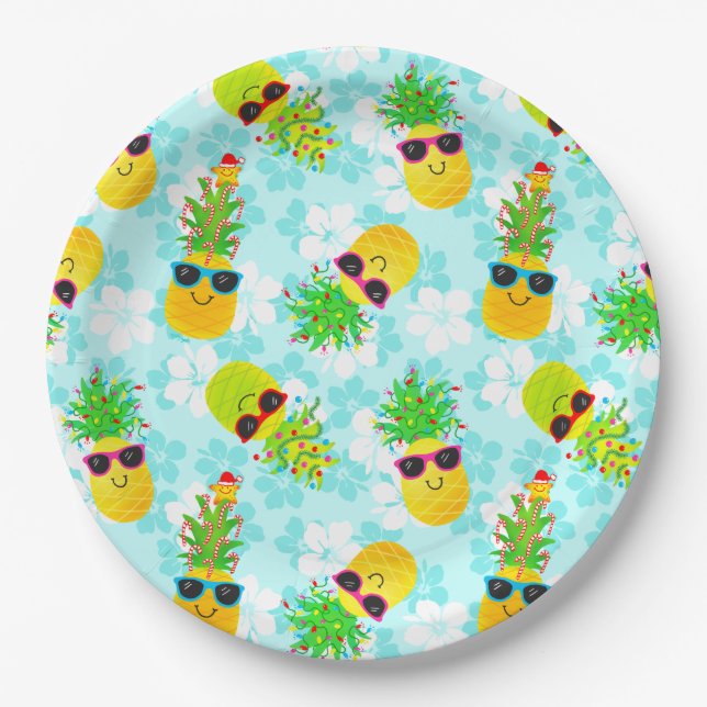 Assiettes En Carton Ananas de Noël Tropical (Devant)