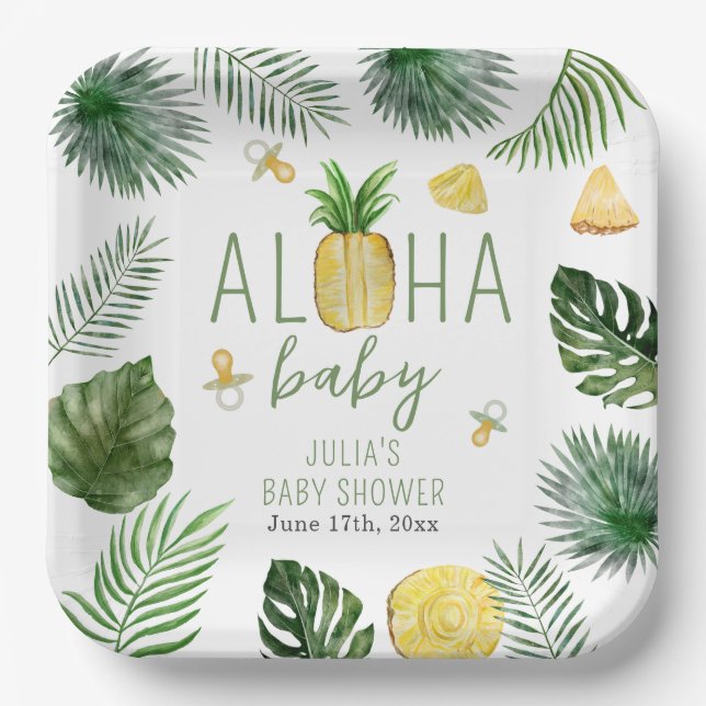 Assiettes En Carton Ananas & Pacificateurs Aloha Baby shower vert (Recto)