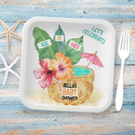 Assiettes En Carton Ananas Palm Hibiscus Baby shower de plage tropical
