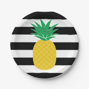 Assiettes En Carton Ananas rayé noir et blanc Tropical