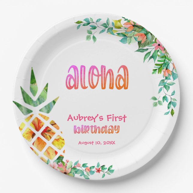 Assiettes En Carton Ananas tropical Floral Aloha Premier anniversaire (Devant)