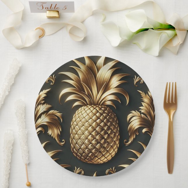Assiettes En Carton Ananas Tropical Noir & Or Luxueux Mariage (Mariage)