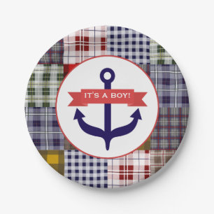 Assiettes En Carton Ancre + Baby shower de garçon de plaid