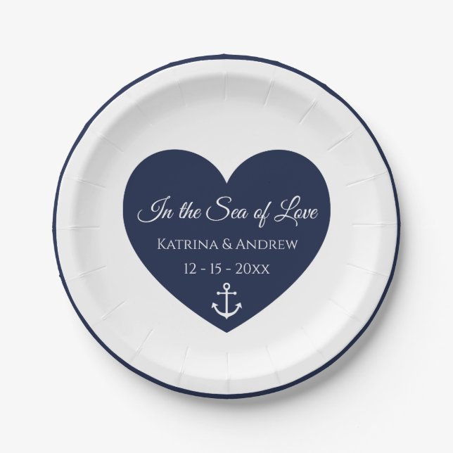 Assiettes En Carton Ancre Bleu bleu marine Mariage nautique  (Devant)