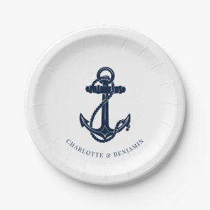 Assiettes En Carton Ancre bleue marine Mariage côtier