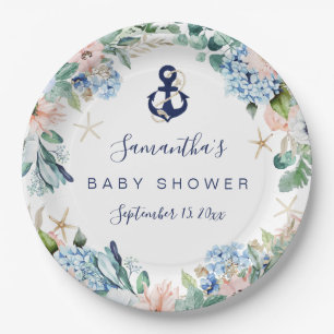 Assiettes En Carton Ancre Blue Beach Baby shower floral nautique