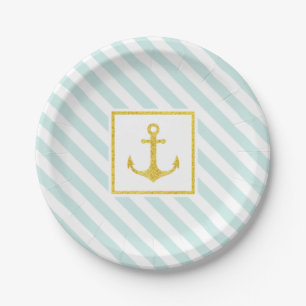 Assiettes En Carton Ancre dorée Pastel bleu marine