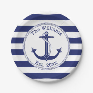 Assiettes En Carton Ancre marine Bleu Stripes Nom de famille