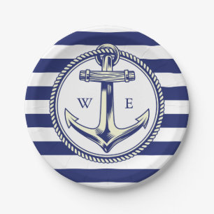 Assiettes En Carton Ancre nautique Bleu marine Rayures
