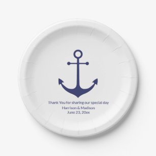 Assiettes En Carton ancre nautique mariage marine bleu blanc