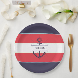 Assiettes En Carton Ancre nautique Marine Bleu Rouge Blanc