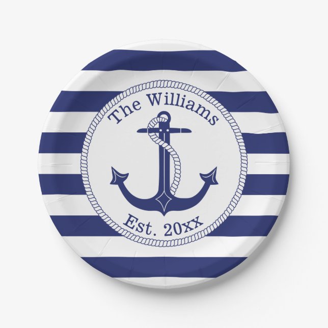 Assiettes En Carton Ancre nautique Marine Blue Stripes Nom de famille (Devant)