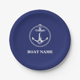 Assiettes En Carton Ancre nautique Nom du bateau Bleu marine