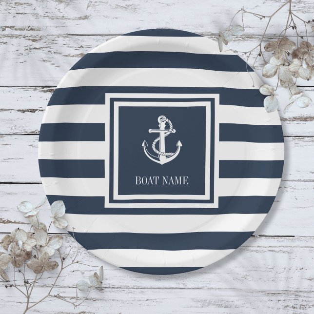Assiettes En Carton Ancre nautique Nom du bateau Marine Blue Stried (Nautical Anchor Rope Boat Name Navy Blue Striped Paper Plates)