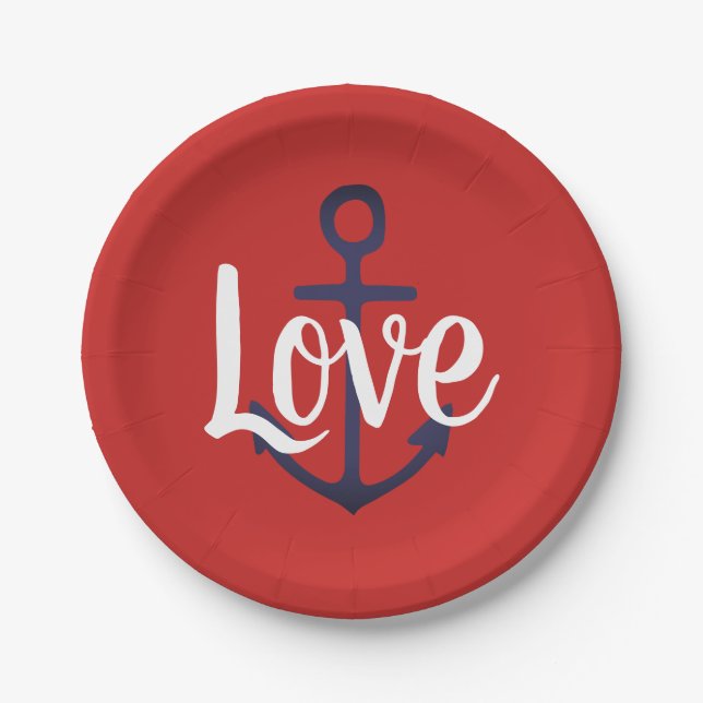 Assiettes En Carton Ancre nautique + script LOVE | (Devant)