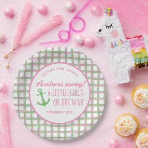 Assiettes En Carton Ancres Éloignées Fille Baby shower nautique