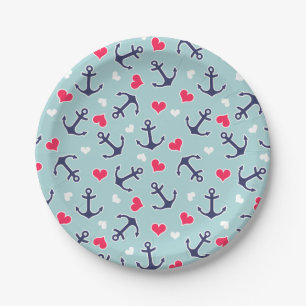 Assiettes En Carton Ancres et motif nautiques de coeurs
