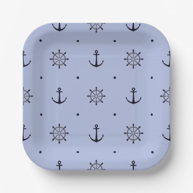 Assiettes En Carton Ancres et navires Roue Motif bleu (Recto)