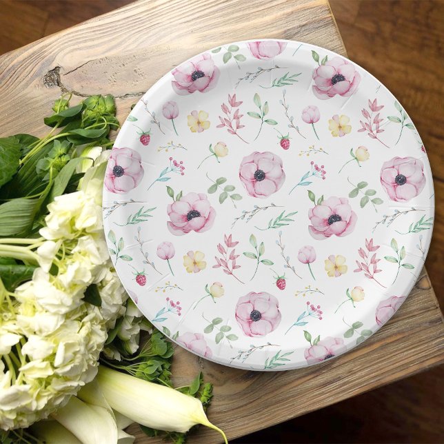 Assiettes En Carton Anémone florale rose douche de mariée (Créateur téléchargé)