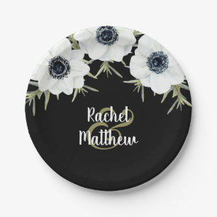 Assiettes En Carton Anémones Mariage floral noir et blanc