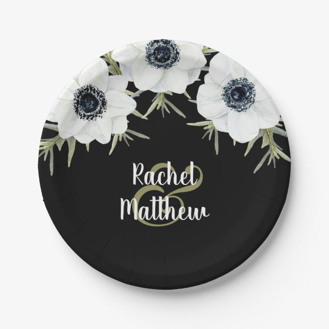 Assiettes En Carton Anémones Mariage floral noir et blanc (Devant)
