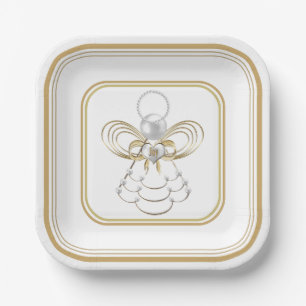 Assiettes En Carton Ange de Noël de la Joy Pearls Gold Filigree
