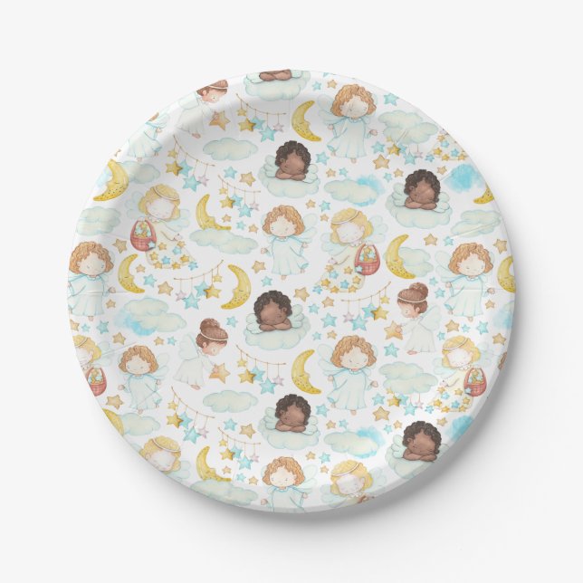 Assiettes En Carton Anges adorables et étoiles Aquarelle Art (Devant)