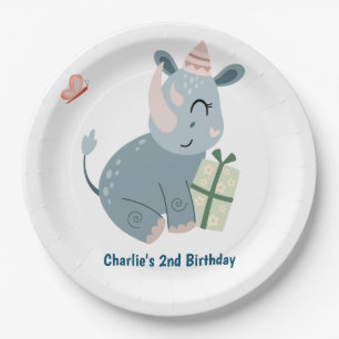 Assiettes En Carton animal de fête, rhino heureux avec cadeau