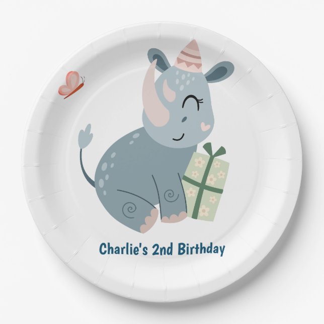Assiettes En Carton animal de fête, rhino heureux avec cadeau (Devant)